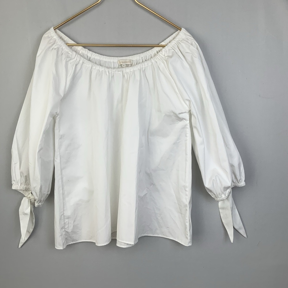 Ann Mashburn Sz Medium Off The Shoulder White Cotton Poplin Sleeve Tie Blouse